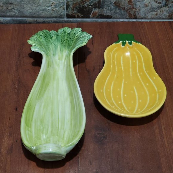 Ceramic Celery Squash Pumpkin Serving Dish Tray Set of 2 - Picture 1 of 13